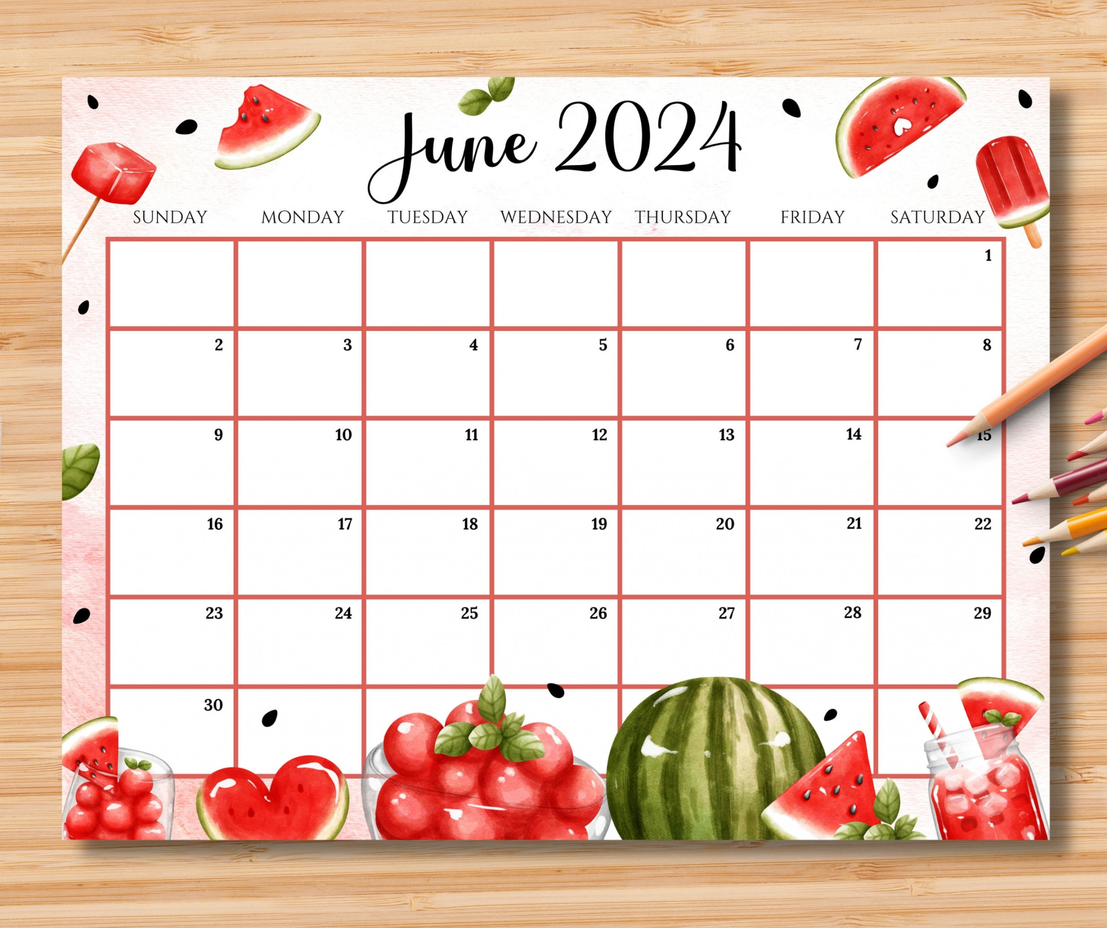 EDITABLE June  Calendar, Happy Summer W/sweet & Colorful