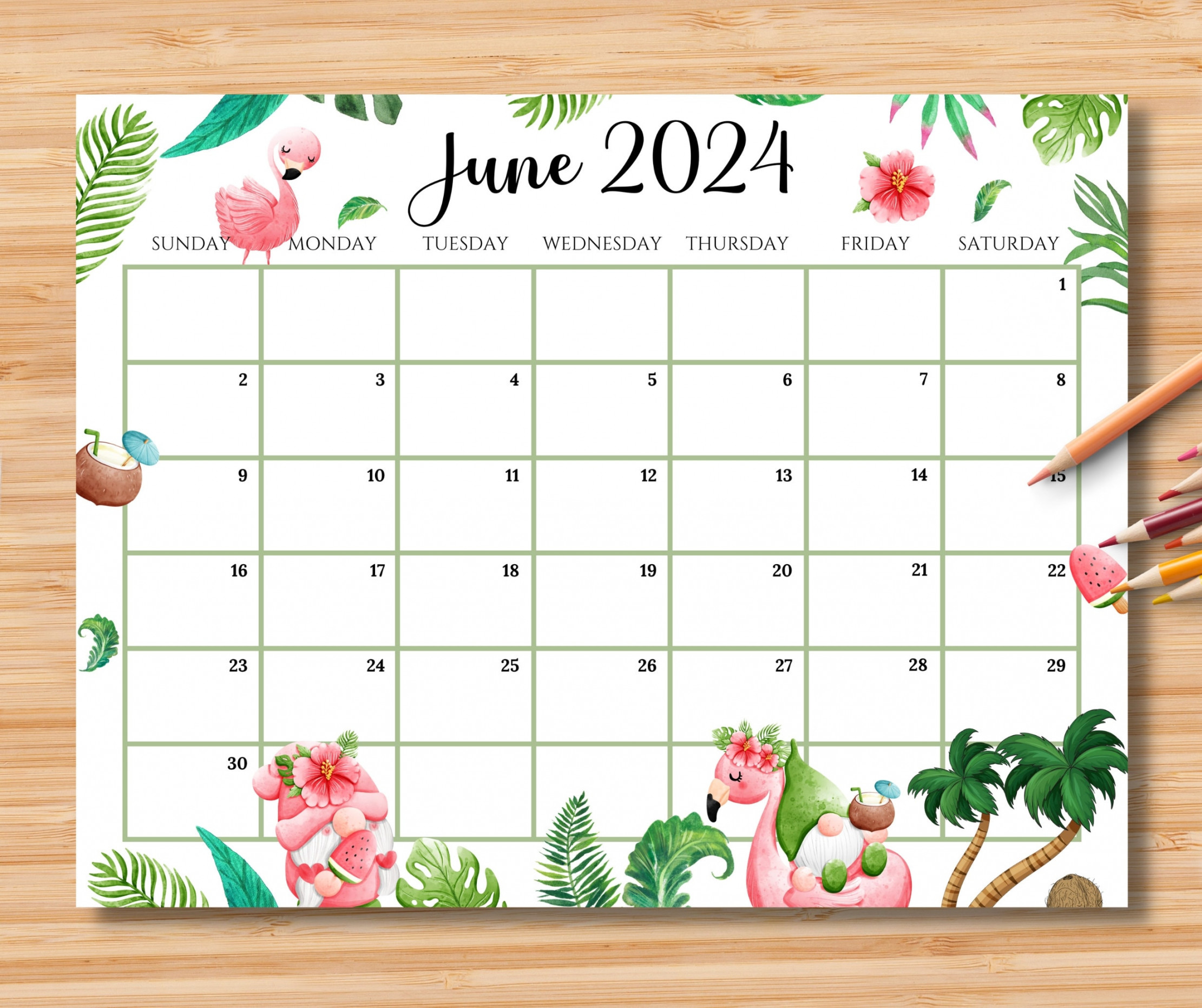 EDITABLE June  Calendar, Joyful Summer With Cute Gnomes