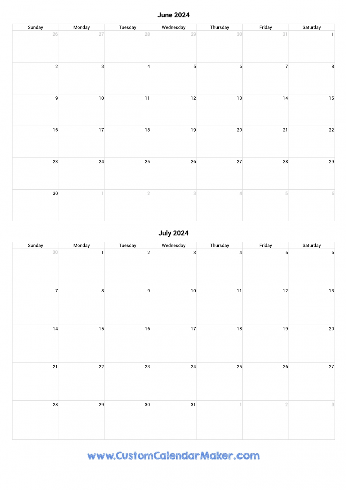 June and july printable calendar template