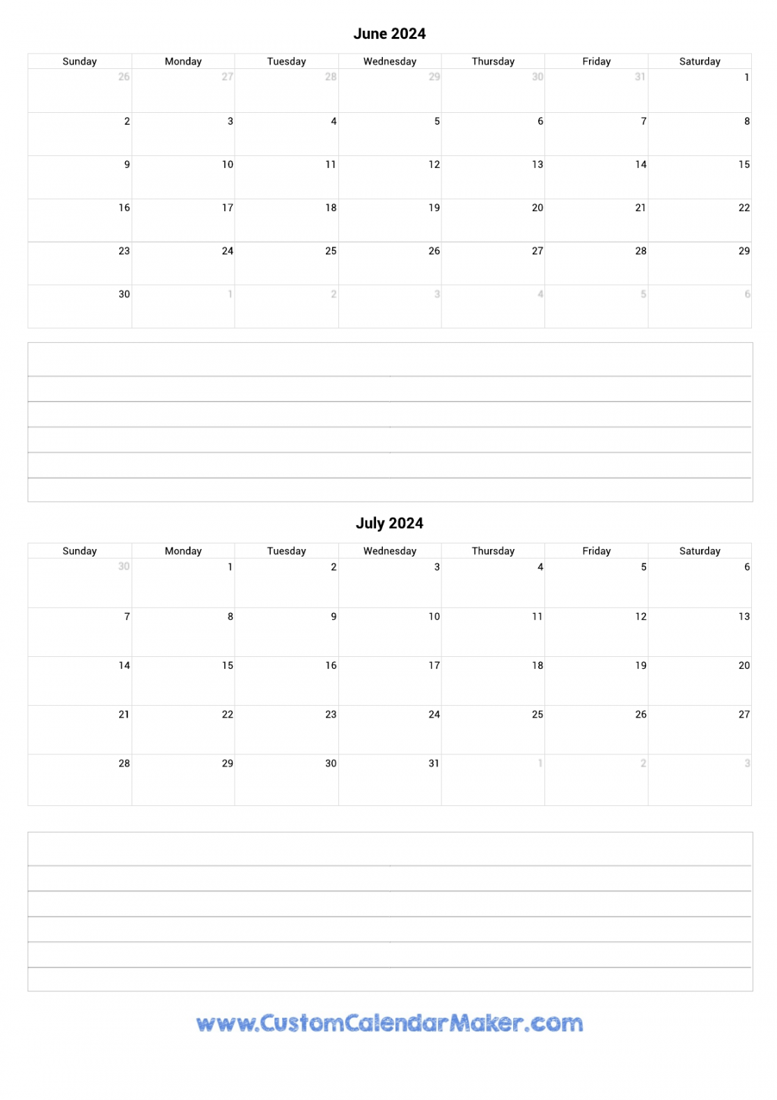 June and July  Printable Calendar Template