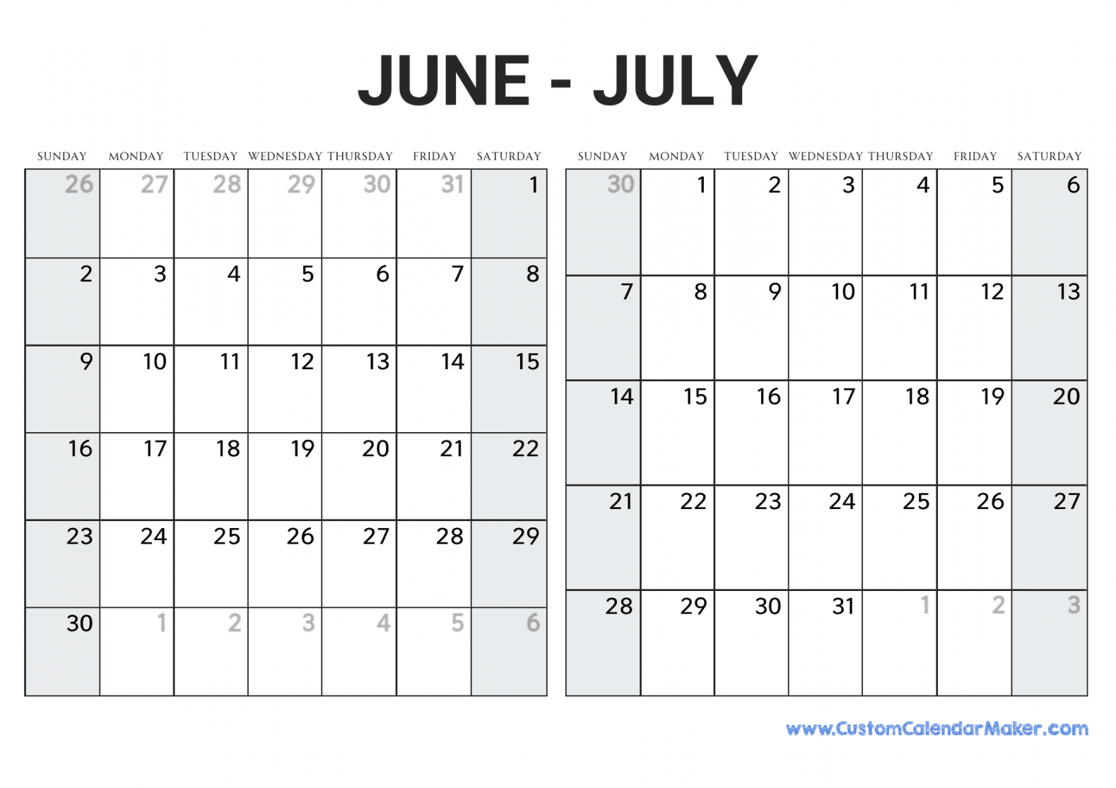 June and July  Printable Calendar Template