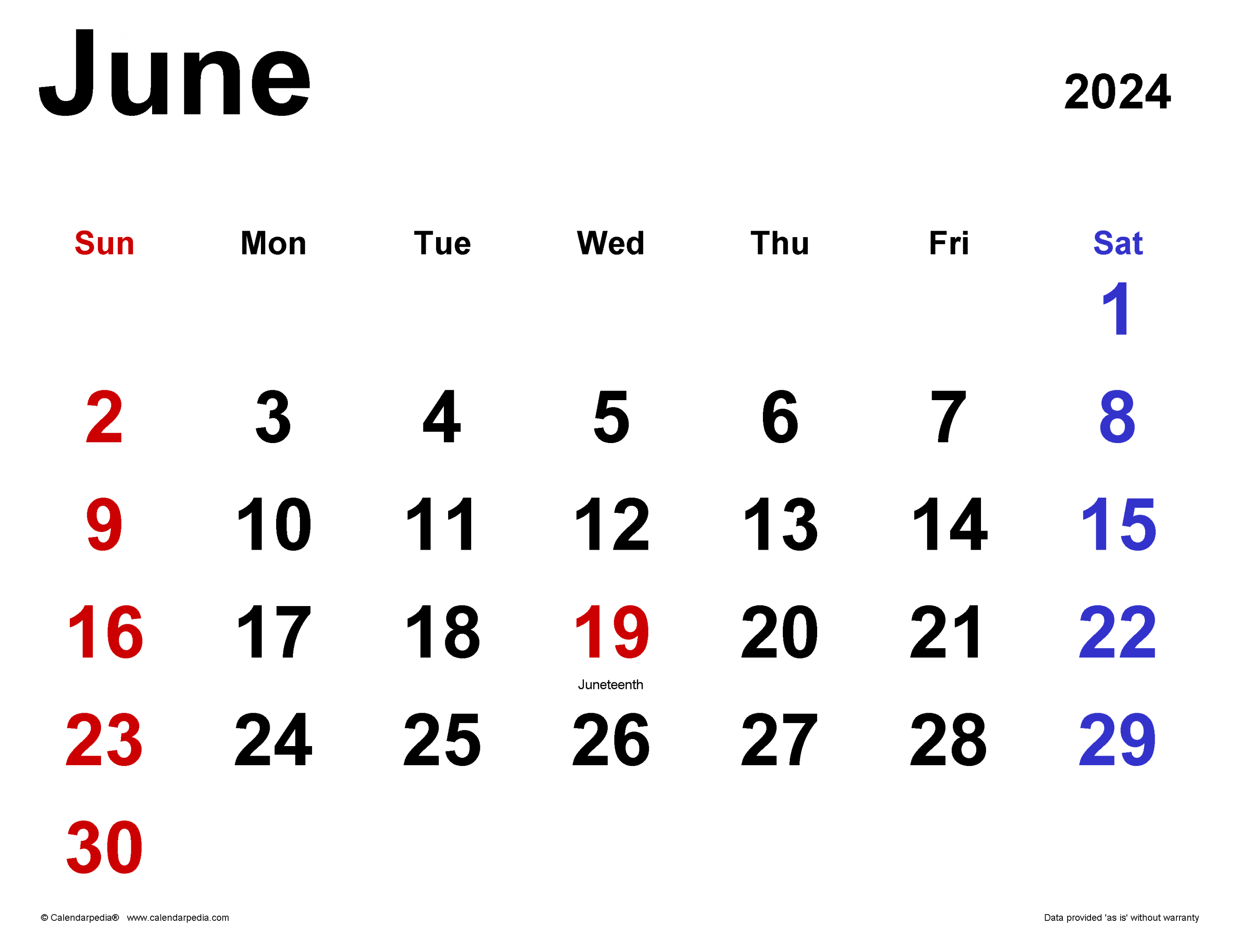 June  Calendar  Templates for Word, Excel and PDF