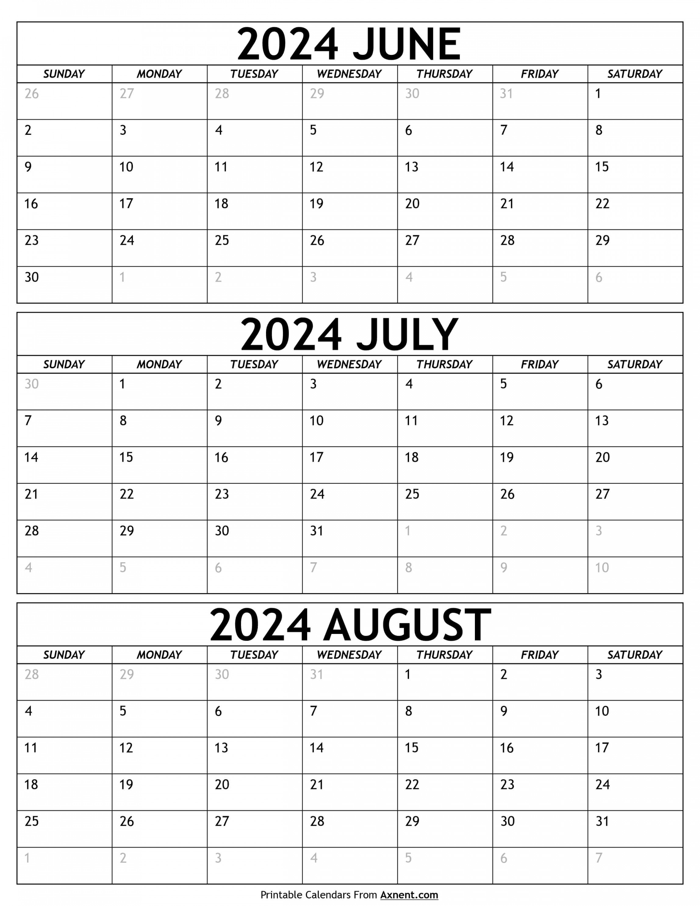 June to august calendar templates three months