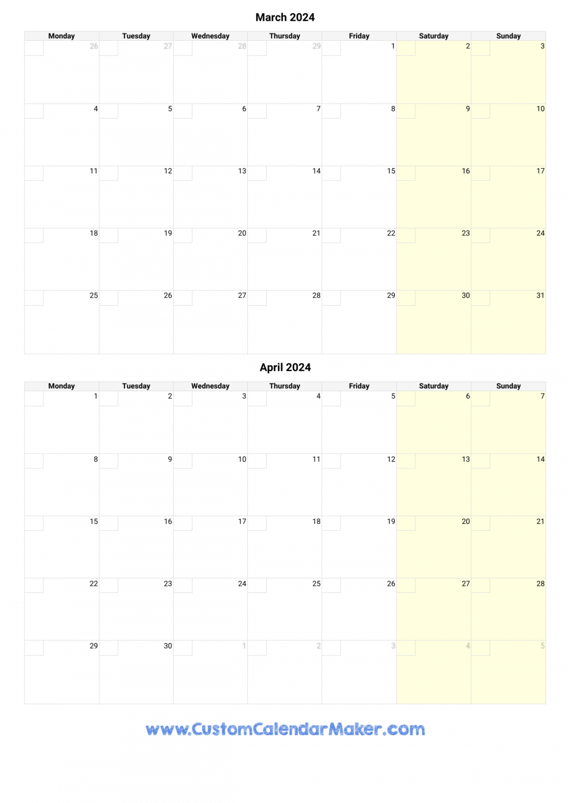 March and April  Printable Calendar Template