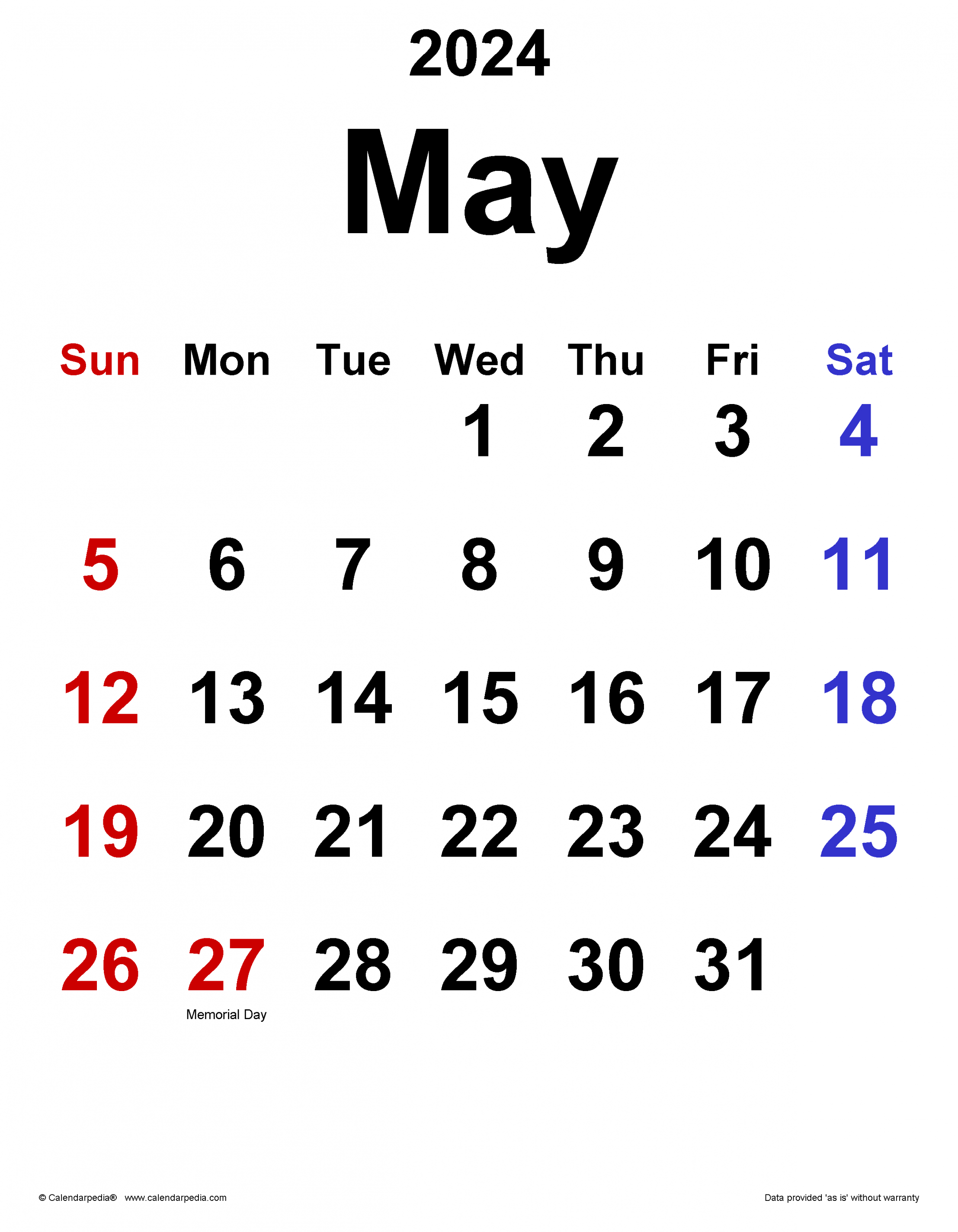 May  Calendar  Templates for Word, Excel and PDF