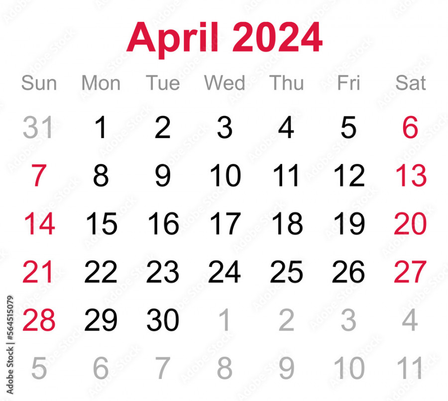 Monthly calendar of April  on transparent background Stock