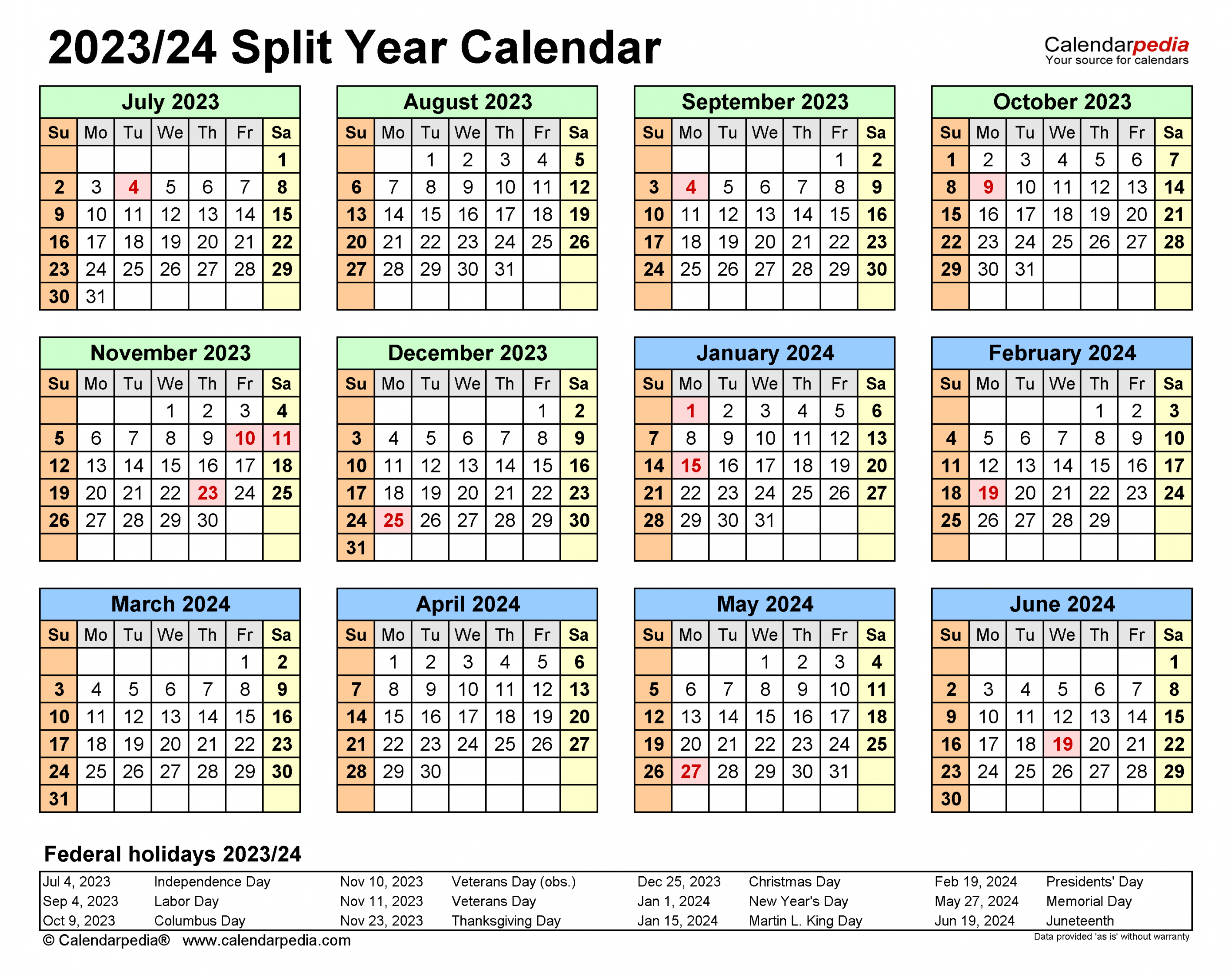 Split Year Calendars / (July to June) - PDF templates