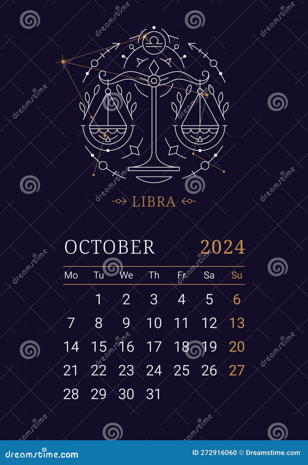 Astrology Wall Monthly Calendar with Libra, Zodiac Sign Stock