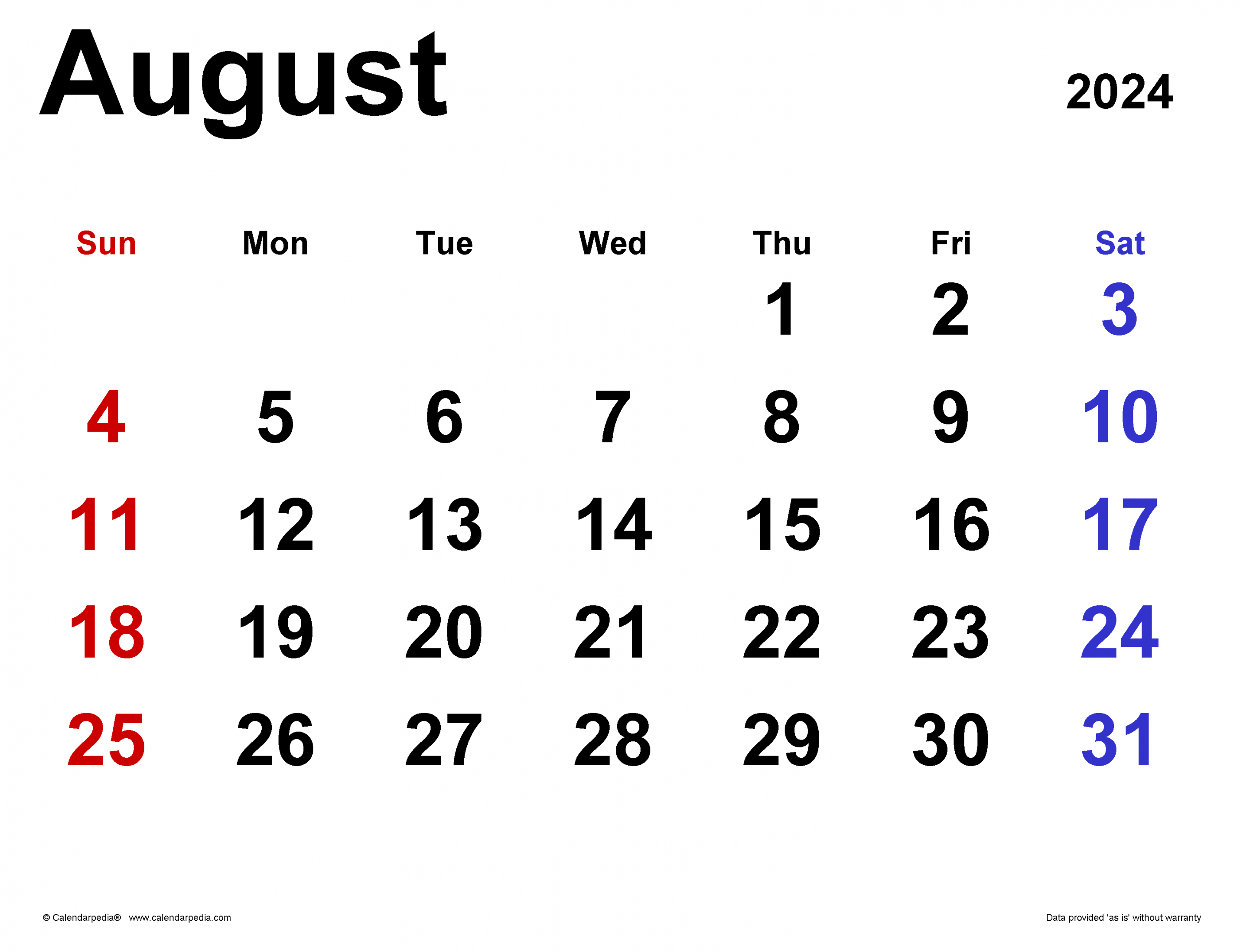 August  Calendar  Templates for Word, Excel and PDF