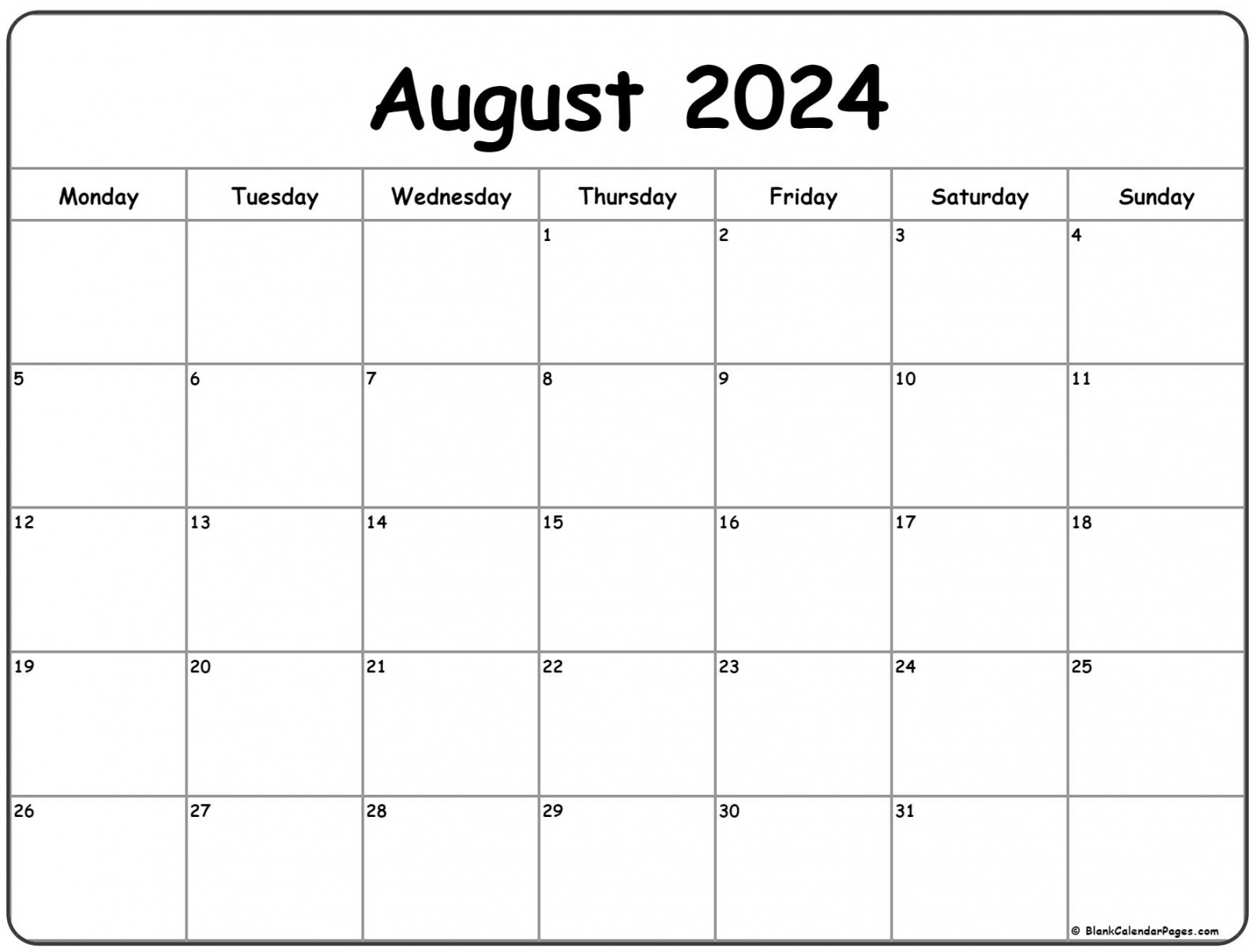 August  Monday Calendar  Monday to Sunday