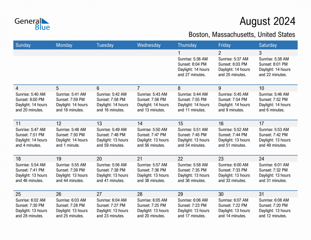 August  Sunrise and Sunset Calendar for Boston (PDF, Excel, Word)