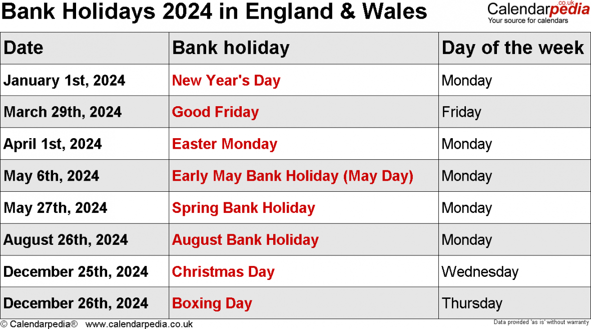 Bank Holidays  in the UK, with printable templates