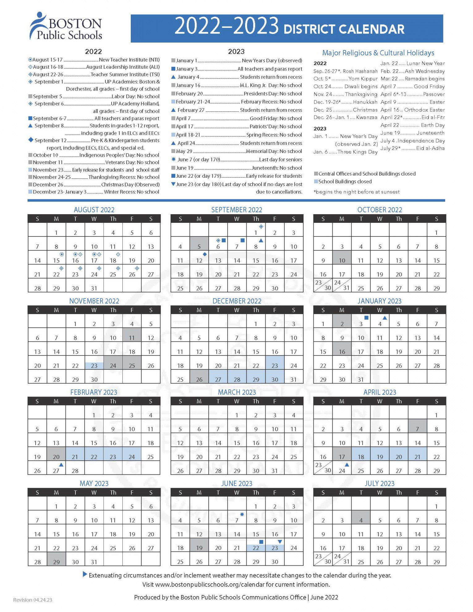 Boston Public Schools / Boston Public Schools District Calendar
