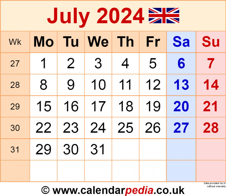 Calendar July  UK with Excel, Word and PDF templates