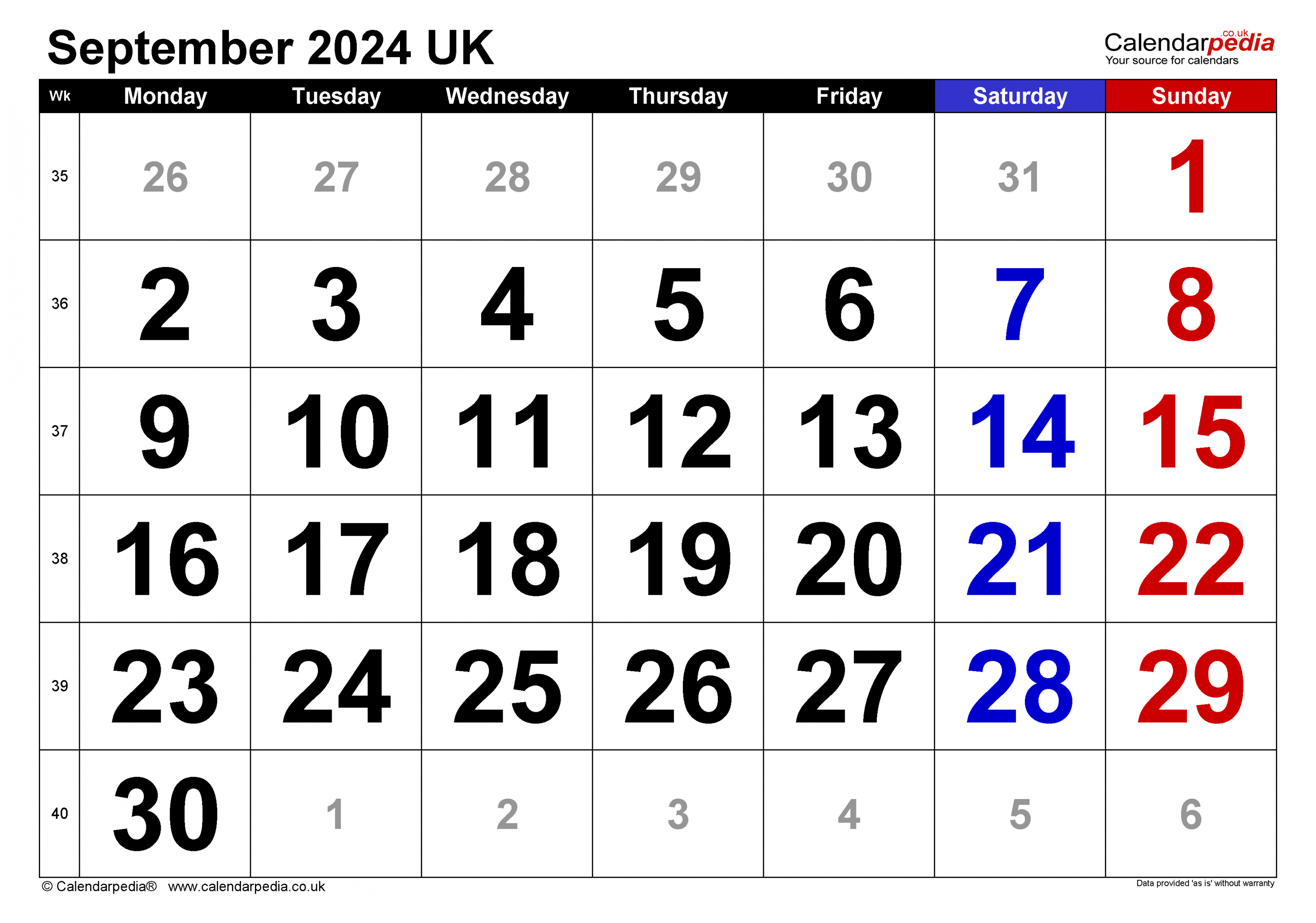 Calendar September  UK with Excel, Word and PDF templates