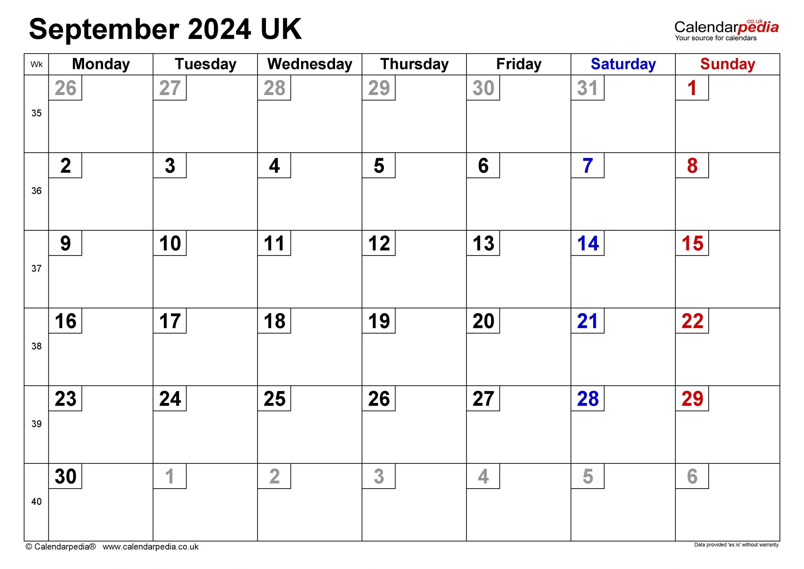 Calendar September  UK with Excel, Word and PDF templates
