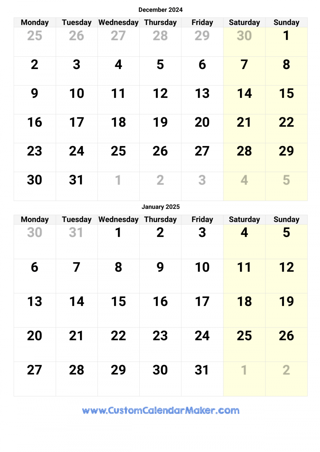 December  and January  Printable Calendar Template