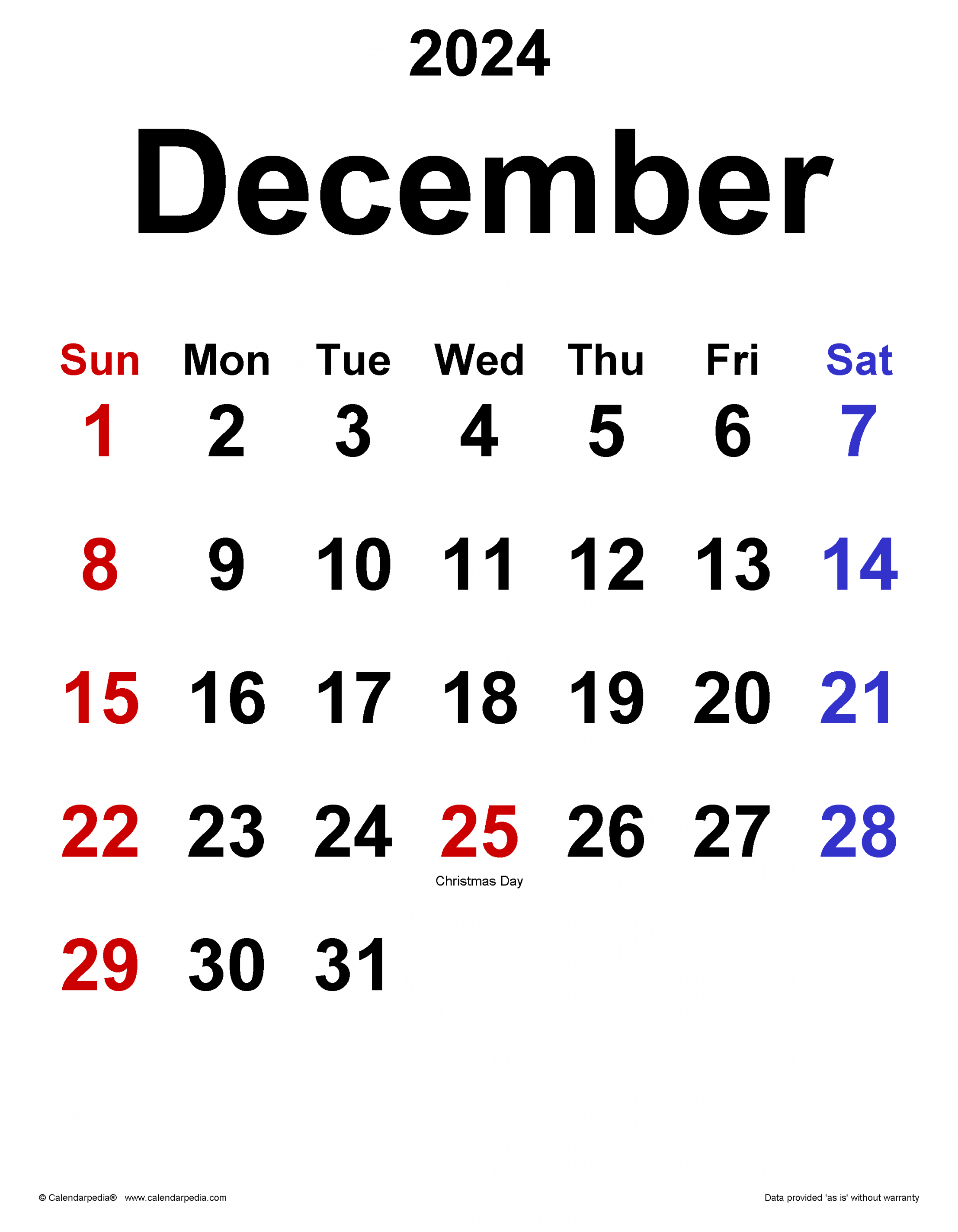 December  Calendar  Templates for Word, Excel and PDF