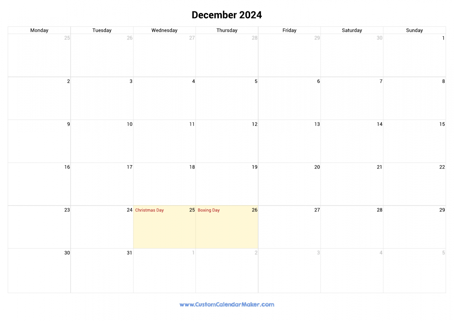 December  Printable Calendar With UK Bank Holidays