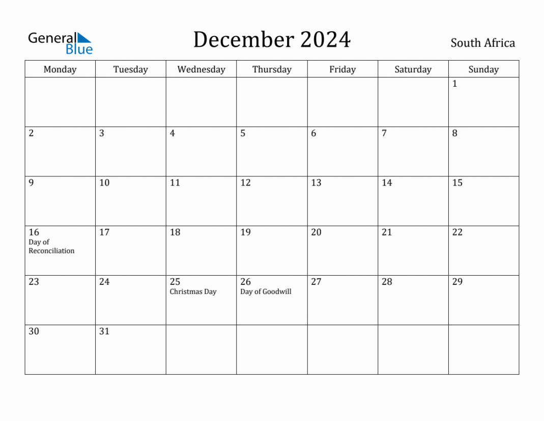 December  - South Africa Monthly Calendar with Holidays