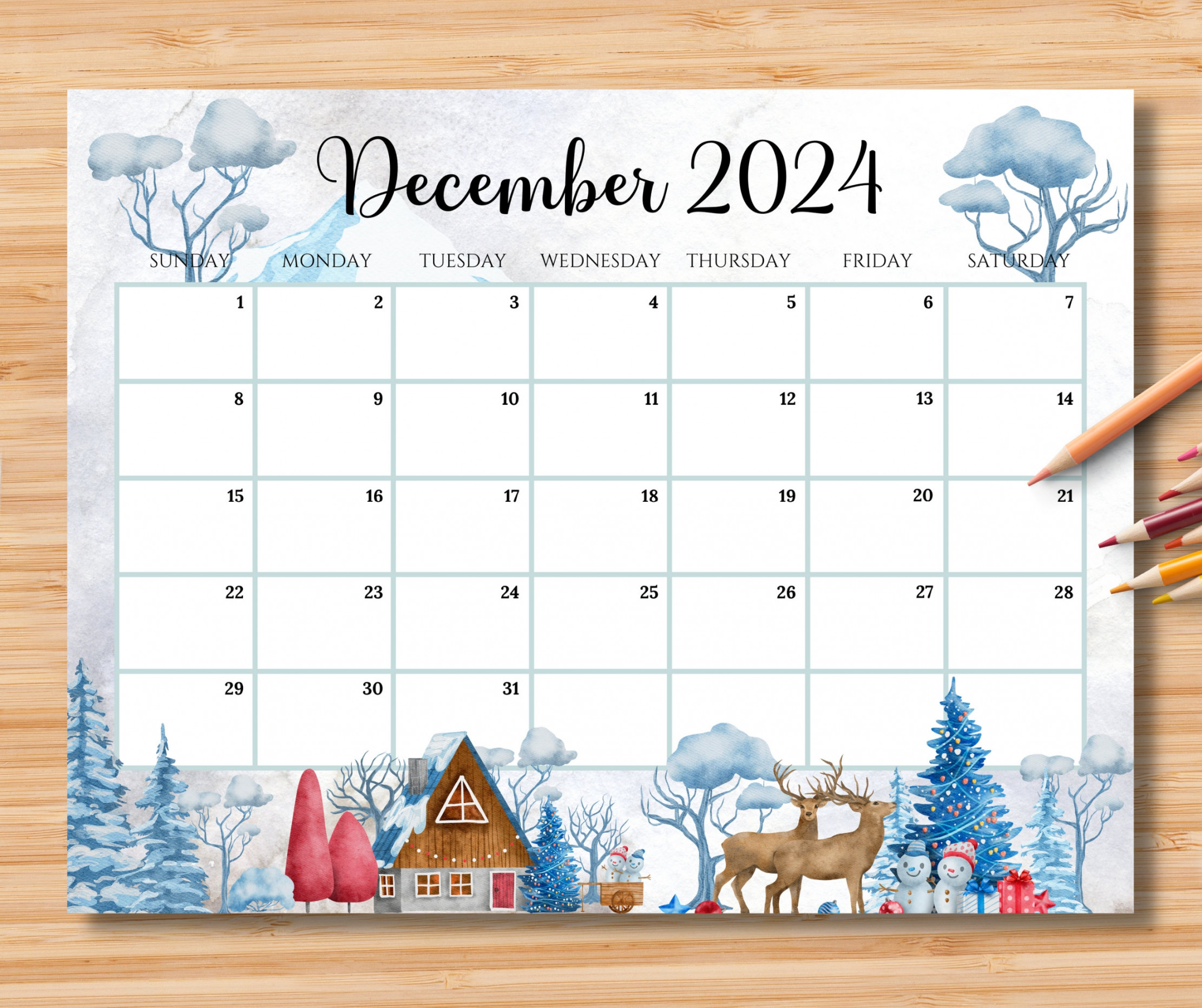 EDITABLE December  Calendar, Beautiful Winter in a Highland