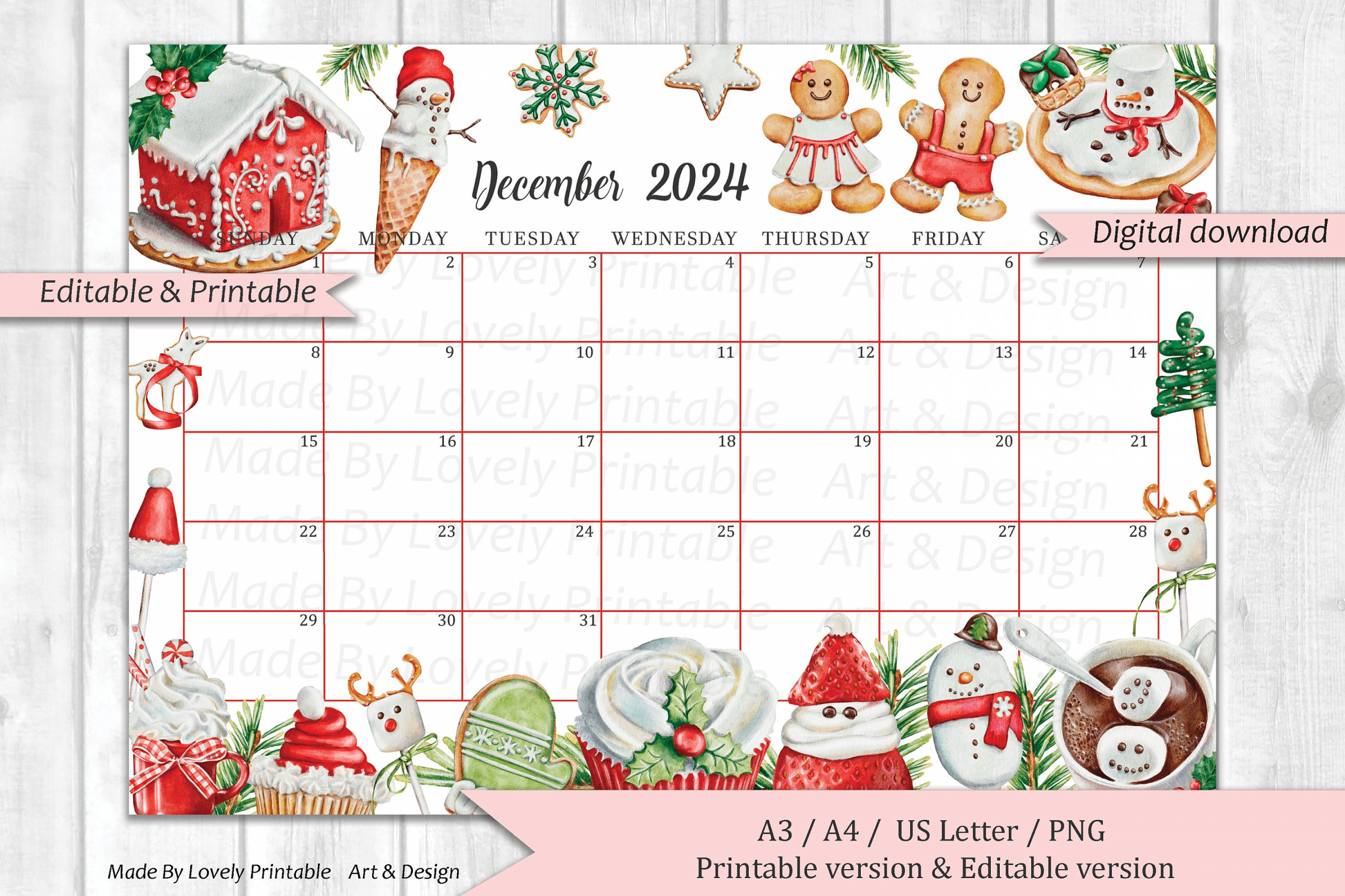 EDITABLE December  Calendar, Christmas Sweets & drinks, Printable  Monthly Calendar Planner, Kids School Schedule, Instant Download