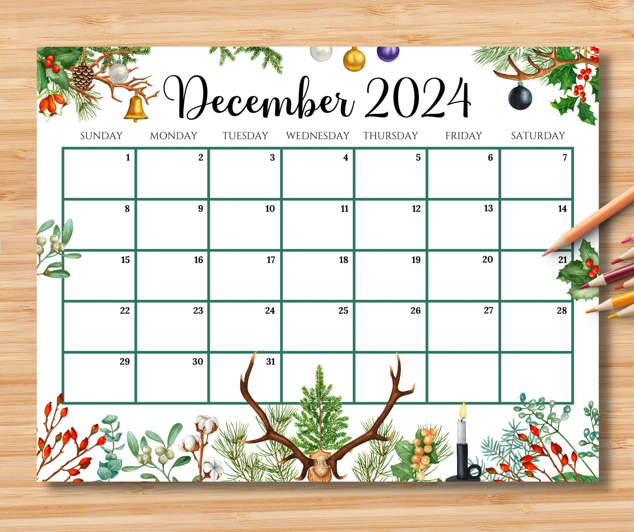 EDITABLE December  Calendar, Gorgeous Christmas With Colorful