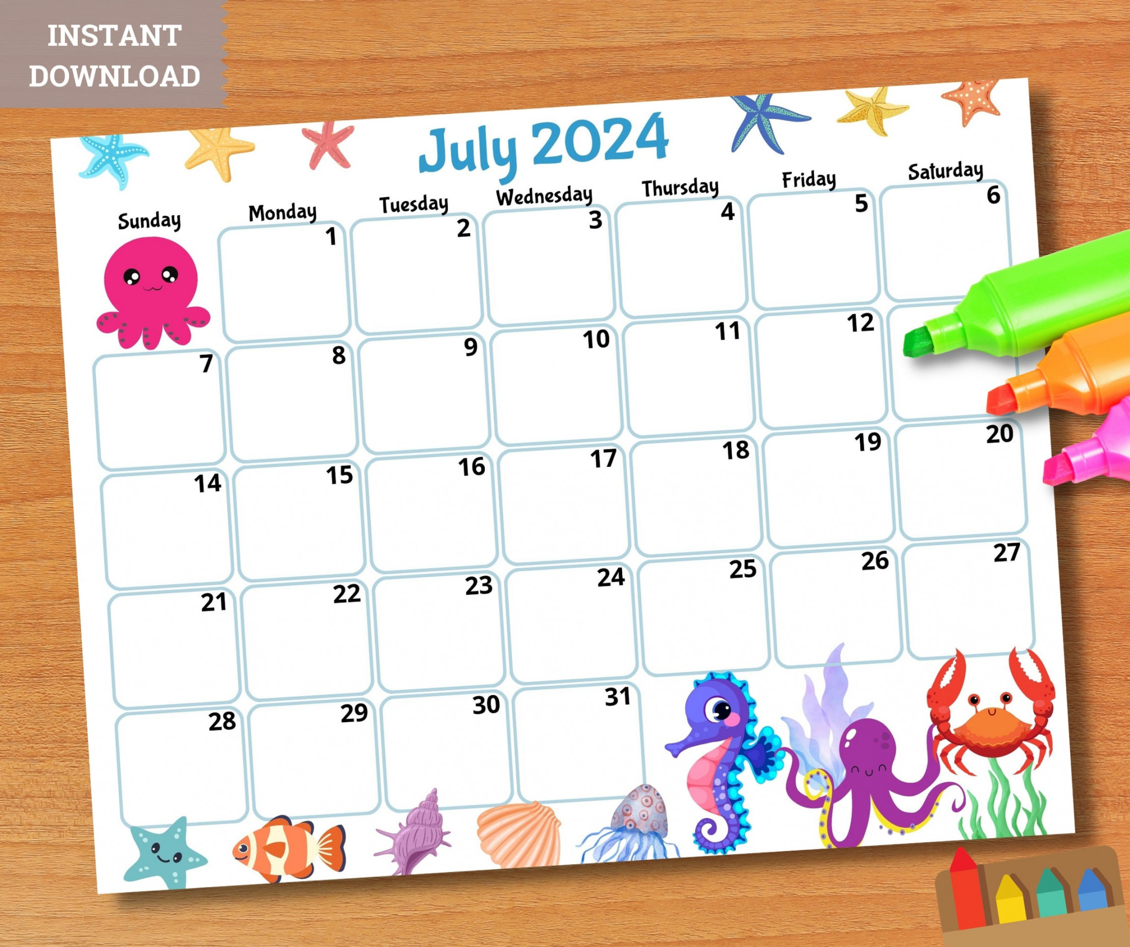 EDITABLE July  Calendar, Printable Kids Calendar