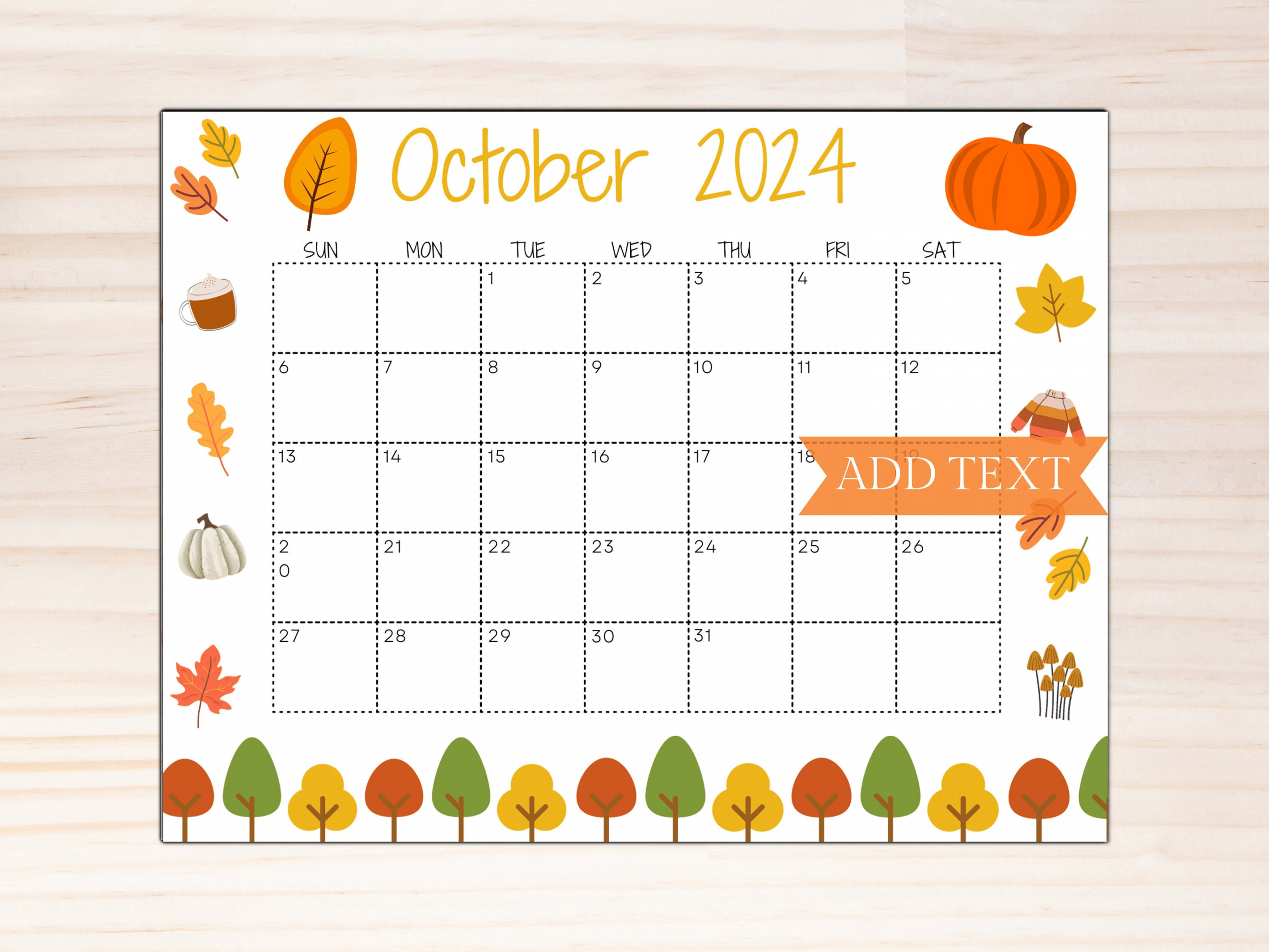 Editable October  Calendar, Printable Calendar,  Wall