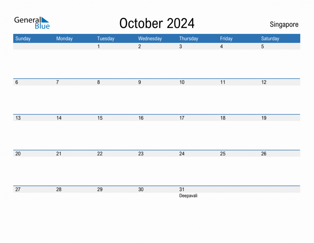 Editable October  Calendar with Singapore Holidays