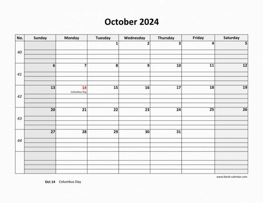 Free Download Printable October  Calendar, large box grid