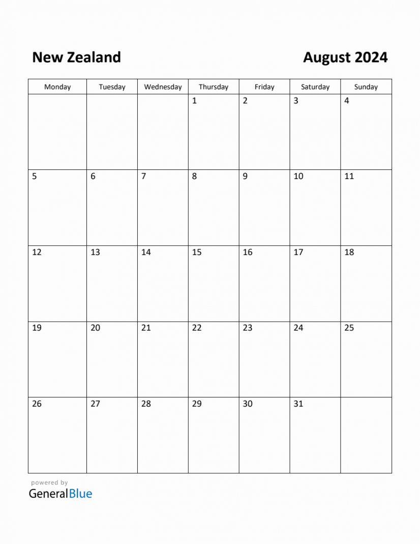 Free Printable August  Calendar for New Zealand