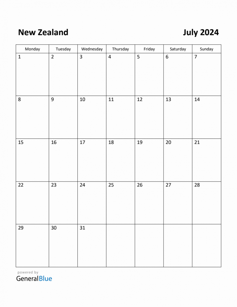 Free Printable July  Calendar for New Zealand