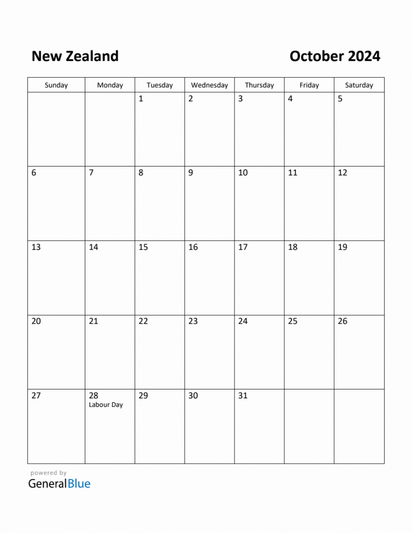 Free Printable October  Calendar for New Zealand