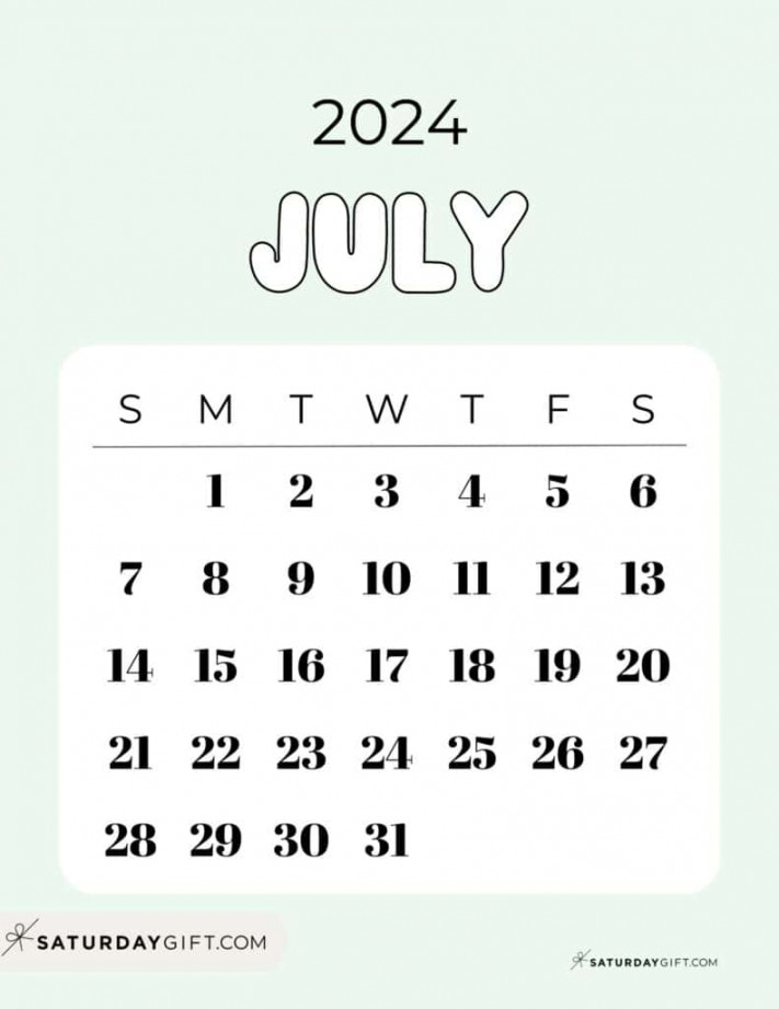 July  Calendar -  Cute & FREE Printables  SaturdayGift