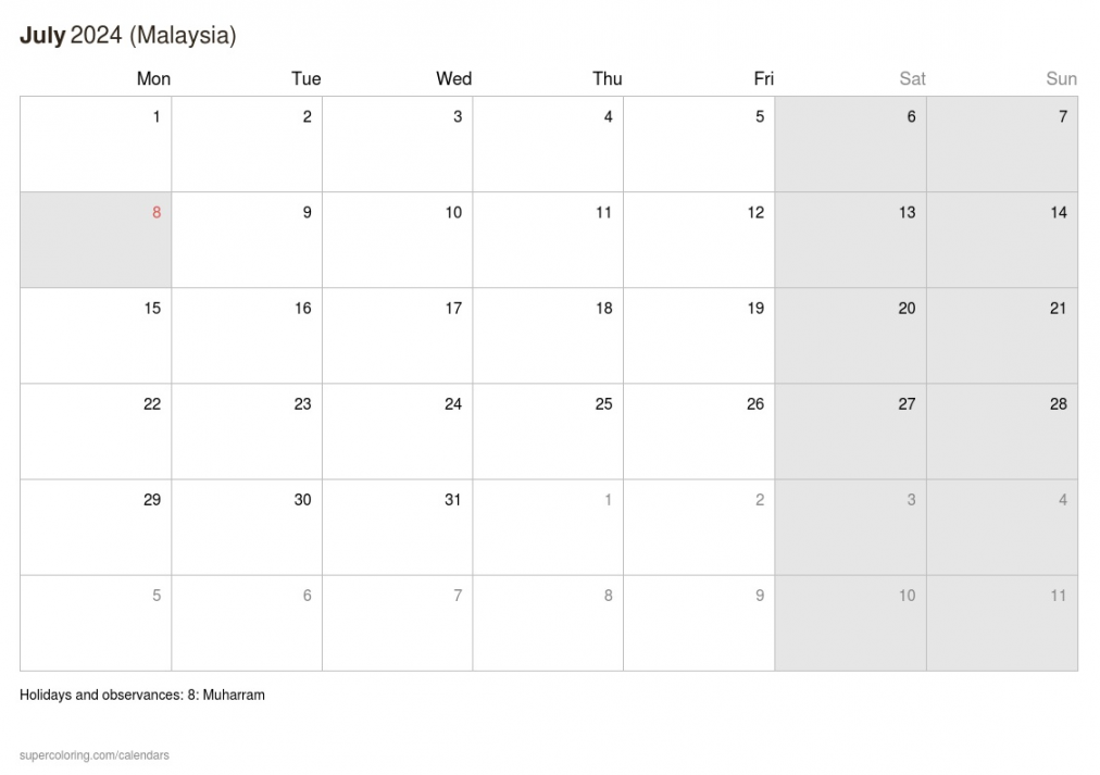 July  calendar - Malaysia