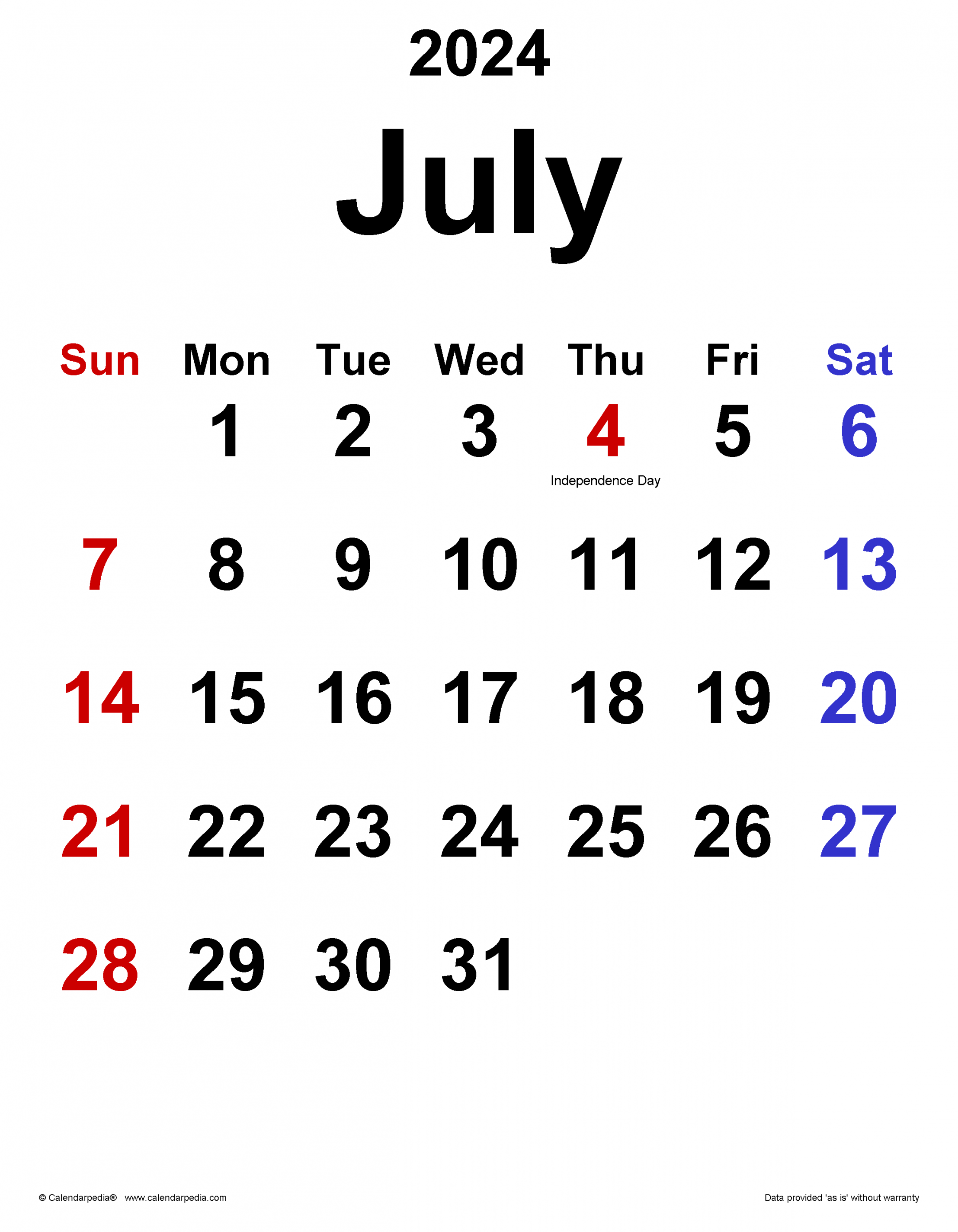 July  Calendar  Templates for Word, Excel and PDF