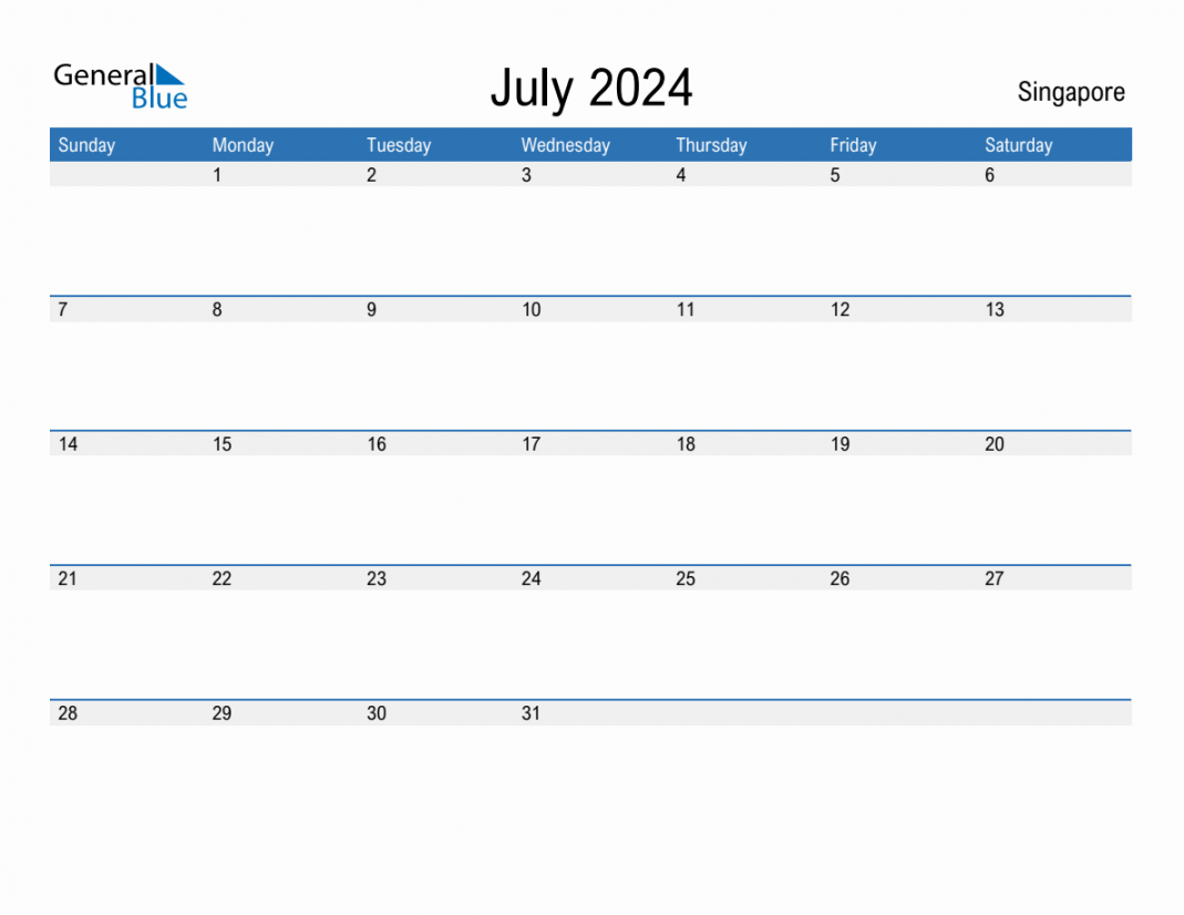 July  Monthly Calendar with Singapore Holidays