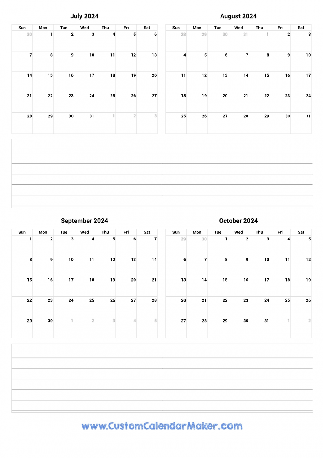July to October  Printable Calendar
