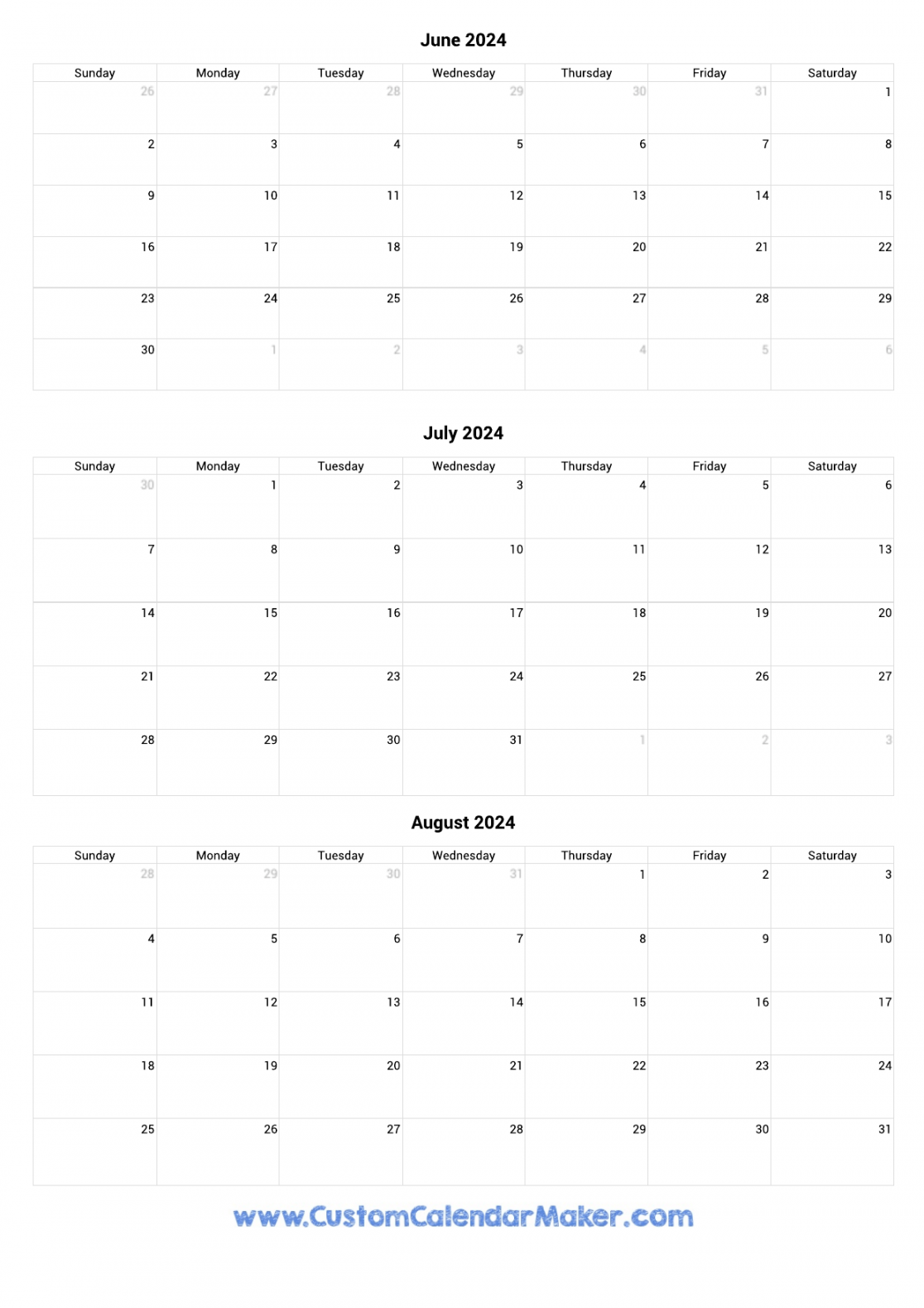 June to August  Calendar Printable