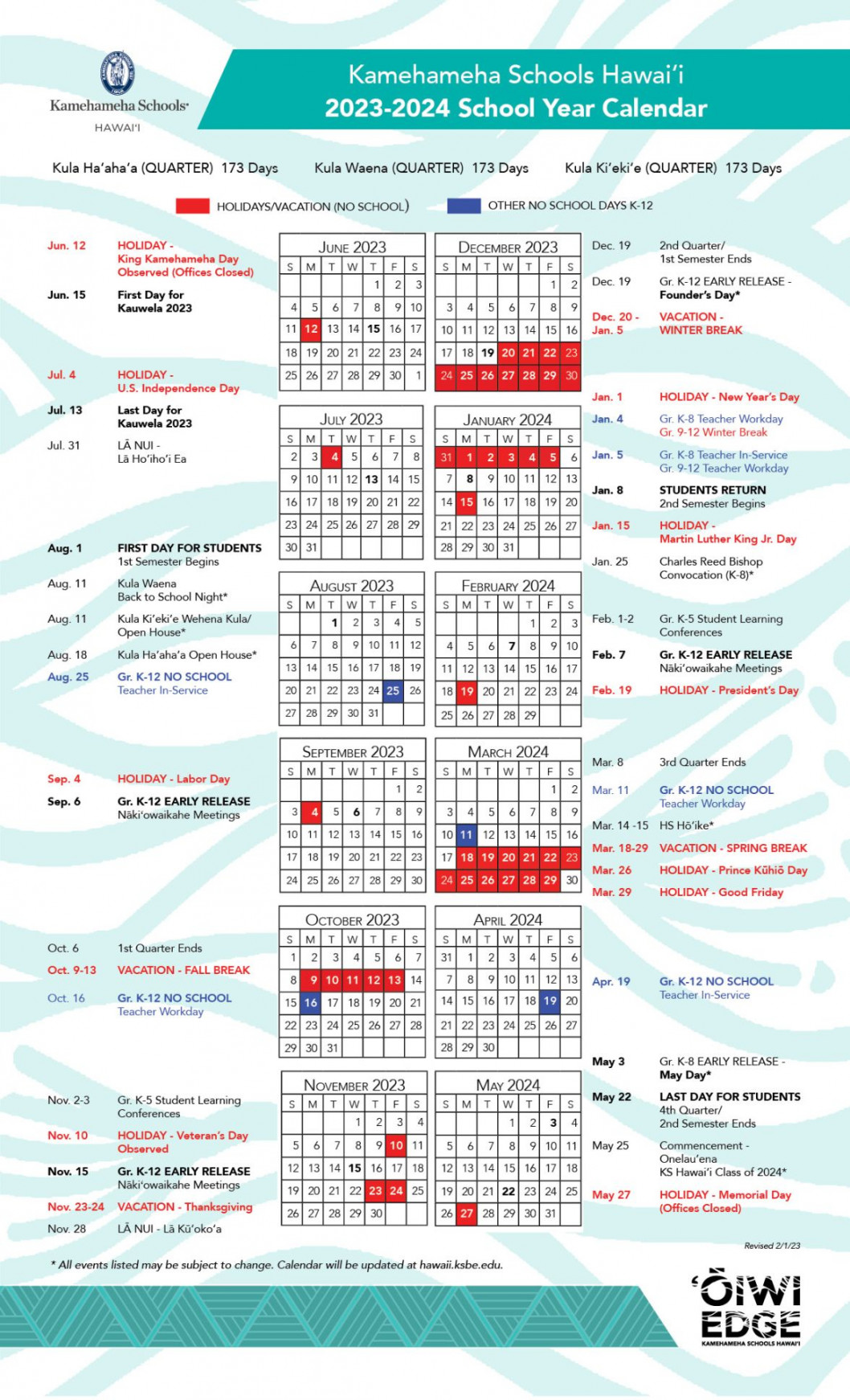 - K- Student School Year Calendar now available