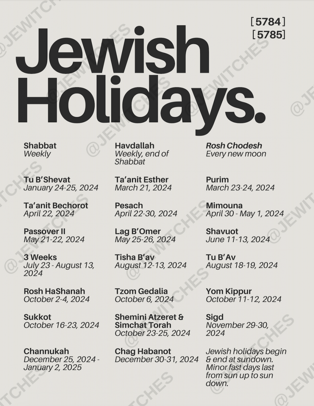 Modern Jewish Holiday Calendar  Digital Download