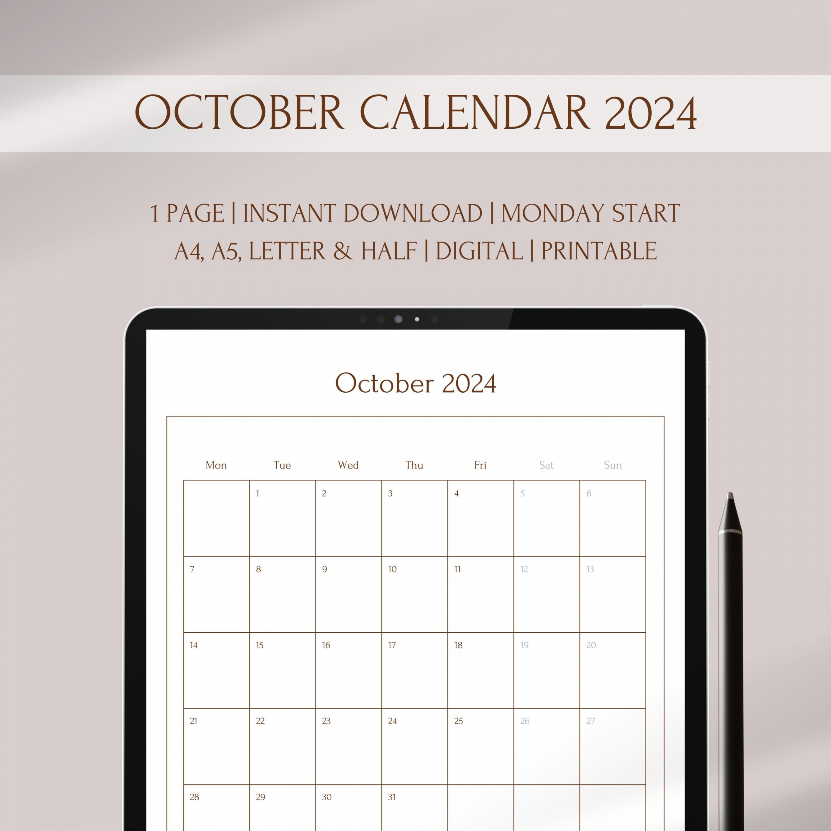 October  Calendar Printable Landscape  Dated Planner Digital  Monday  Start  Minimalist  Instant Download  A, A, Letter & Half