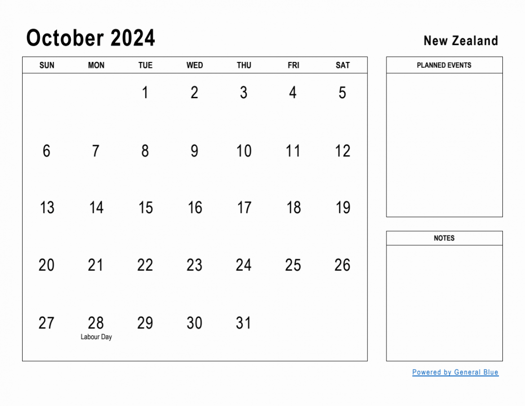 October  Planner with New Zealand Holidays