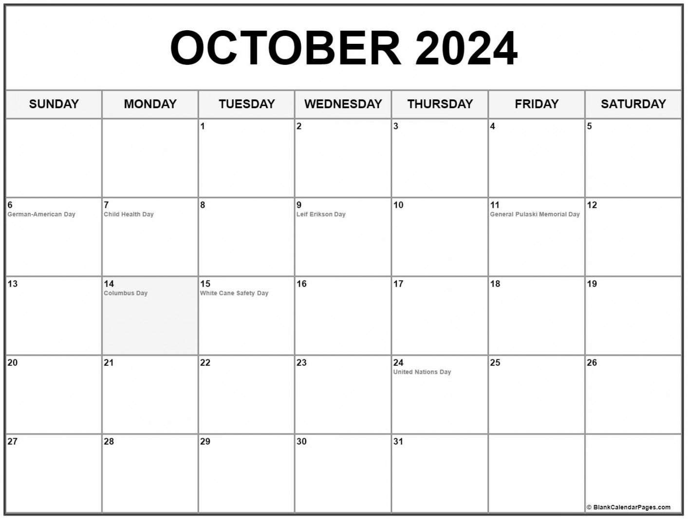 October  with holidays calendar