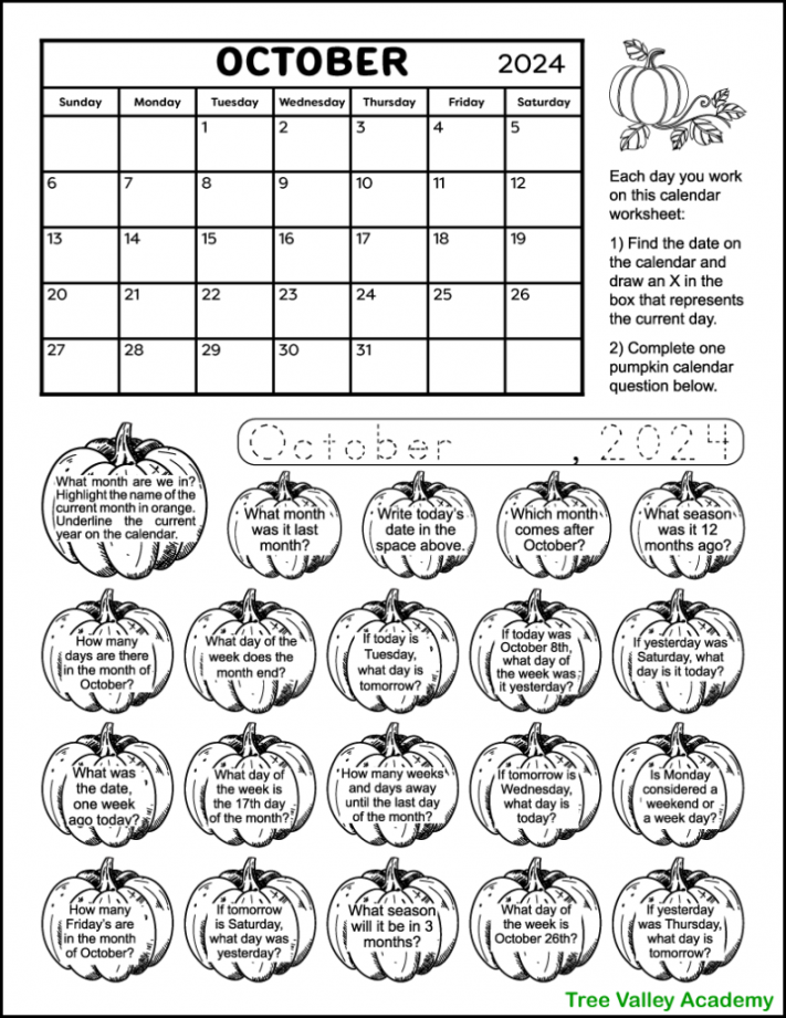 Printable Calendar Worksheet for October