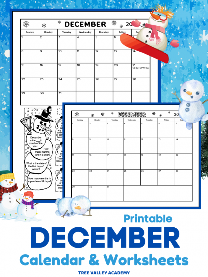 Printable December  Calendar & Kids Calendar Worksheets