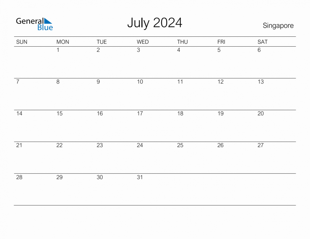 Printable July  Monthly Calendar with Holidays for Singapore