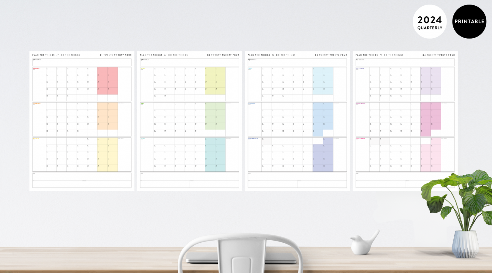 PRINTABLE  Q + Q + Q + Q QUARTERLY CALENDAR FULL YEAR SET