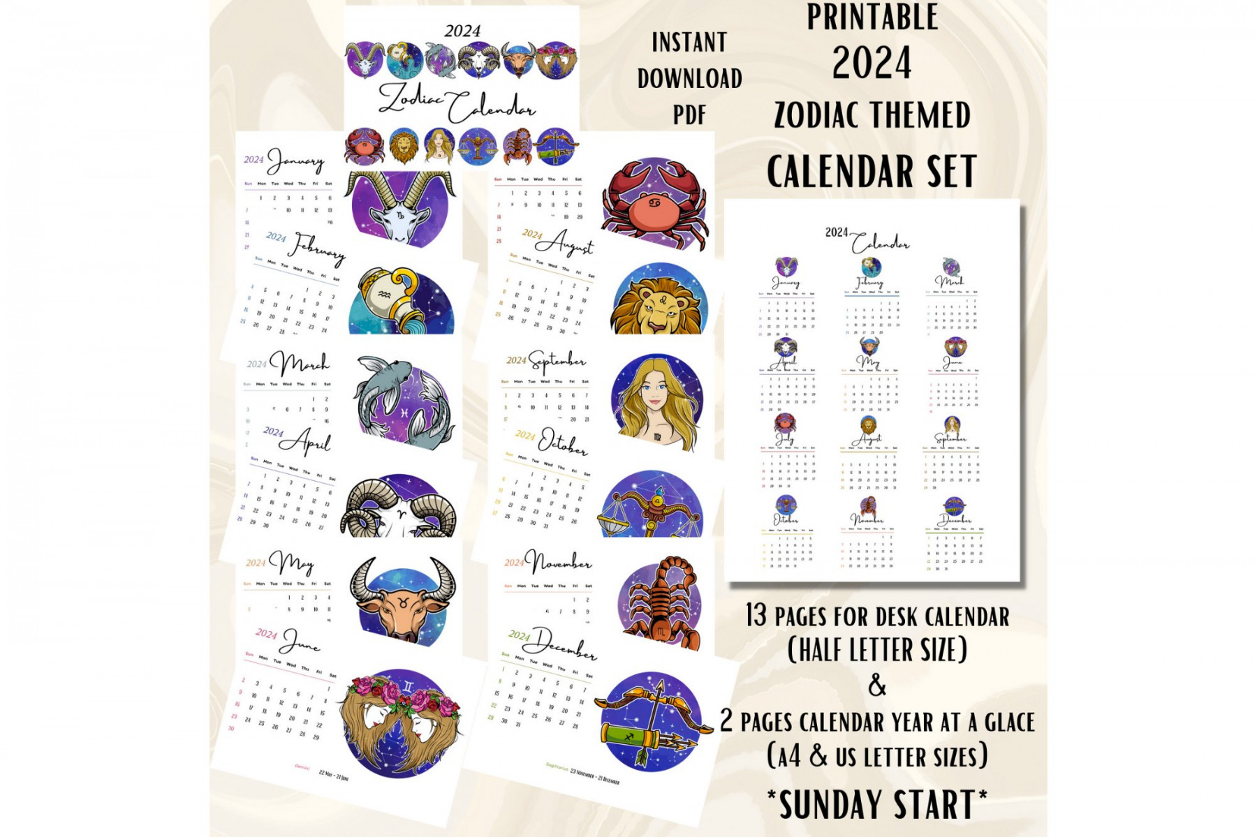 Printable Zodiac Calendar Set Horoscope Themed Monthly